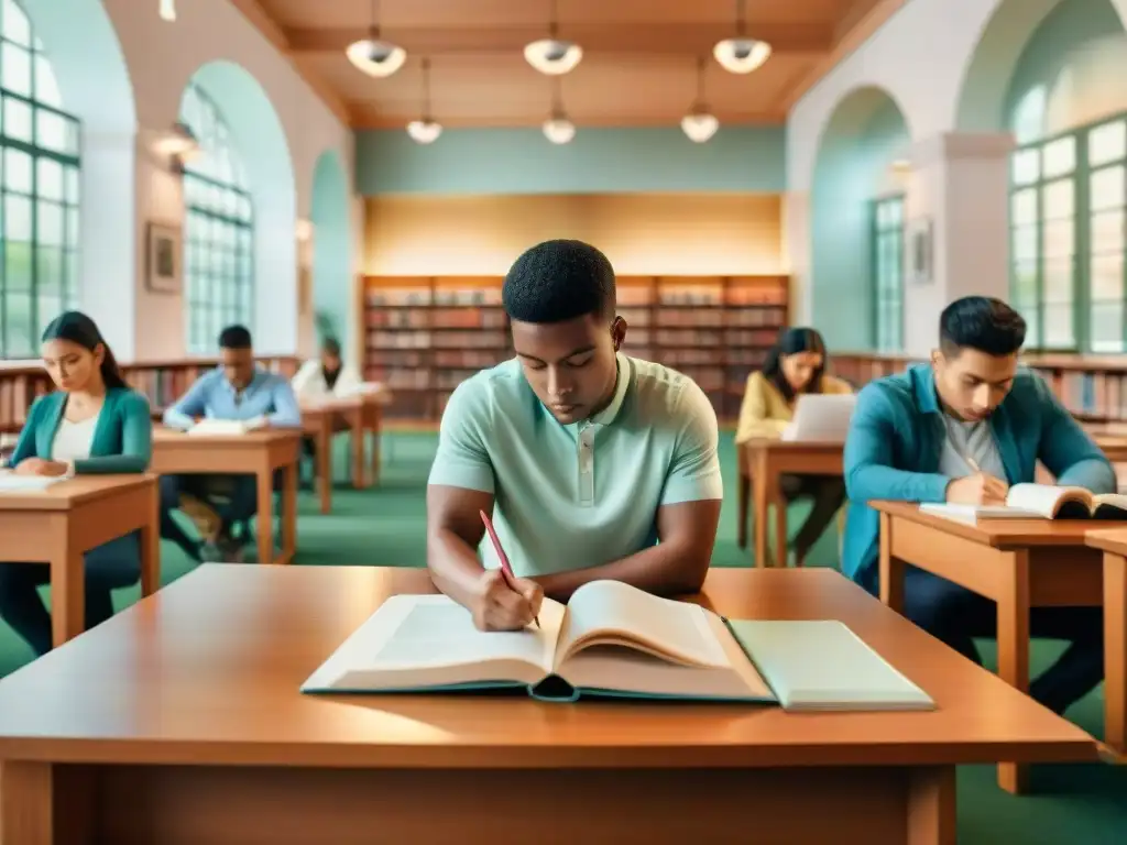 Estudiantes concentrados en biblioteca, usando mejores estrategias examen escritura lengua