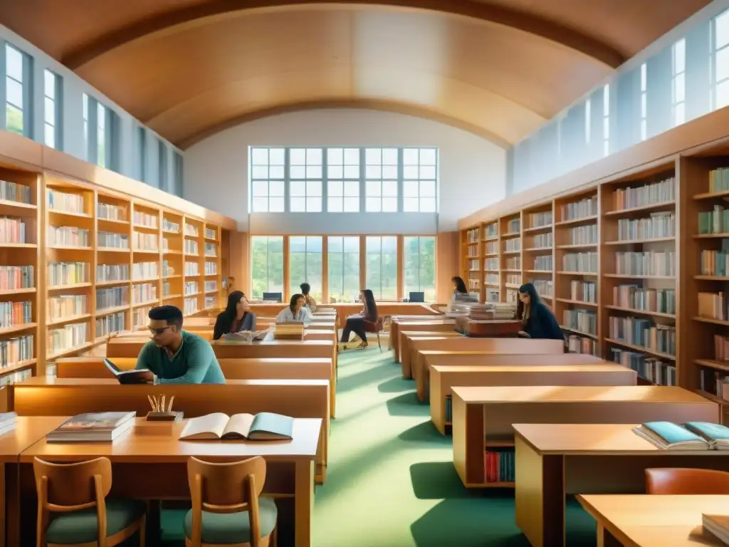 Estudiantes concentrados en biblioteca serena con libros de idiomas