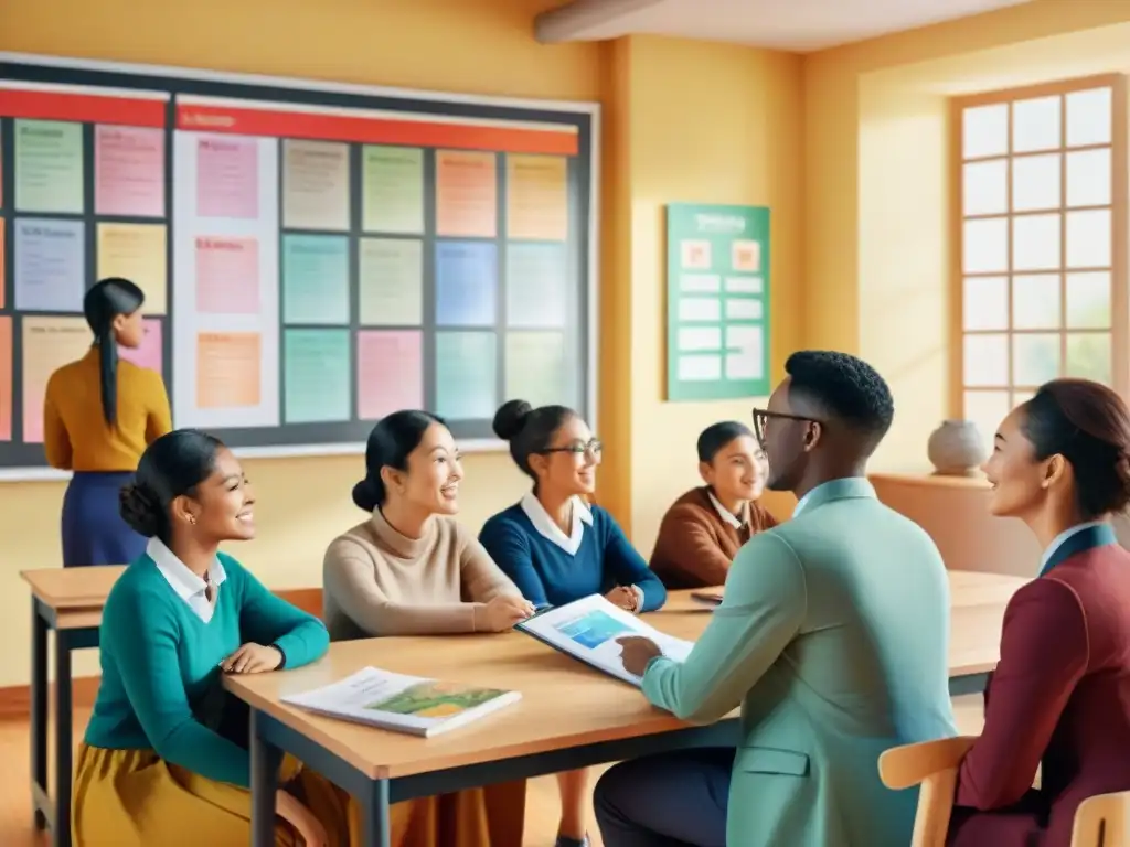 Ilustración acuarela de estudiantes diversos aprendiendo dialectos regionales en aula inclusiva