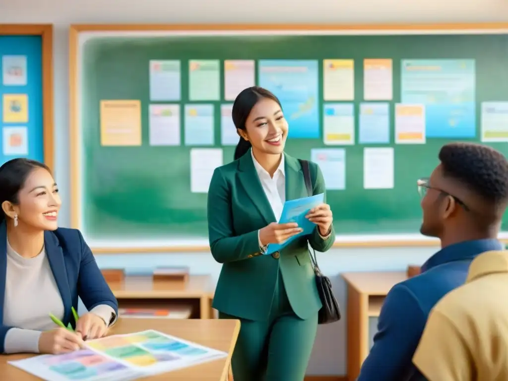 Ilustración acuarela de estudiantes aprendiendo dialectos regionales en un aula vibrante y acogedora