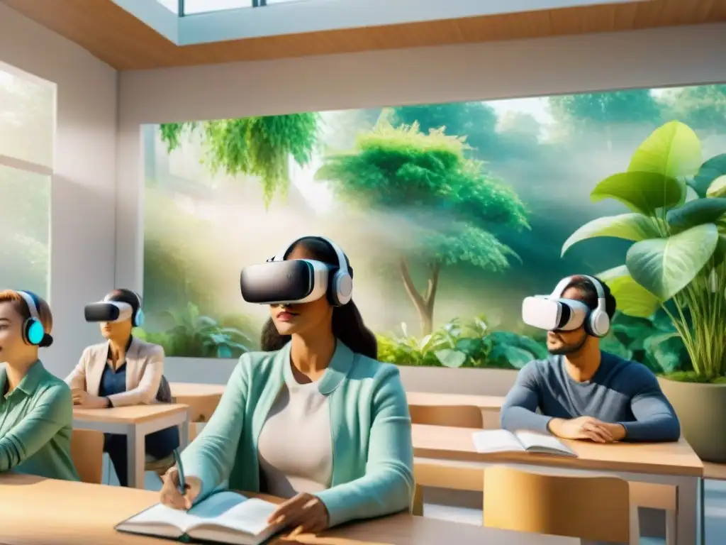 Estudiantes de diversas etnias usan auriculares de realidad virtual en un aula futurista, inmersos en un jardín vibrante