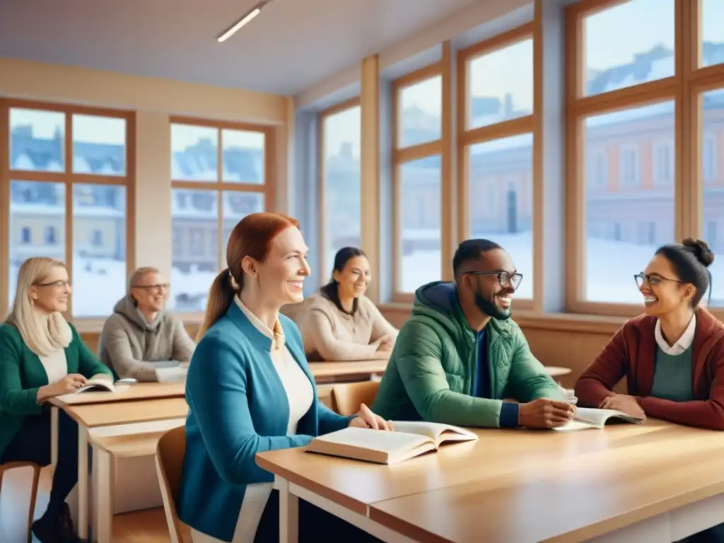 Inmersión lingüística en Helsinki: estudiantes diversos aprendiendo finlandés en un aula acogedora con vista a paisajes nevados