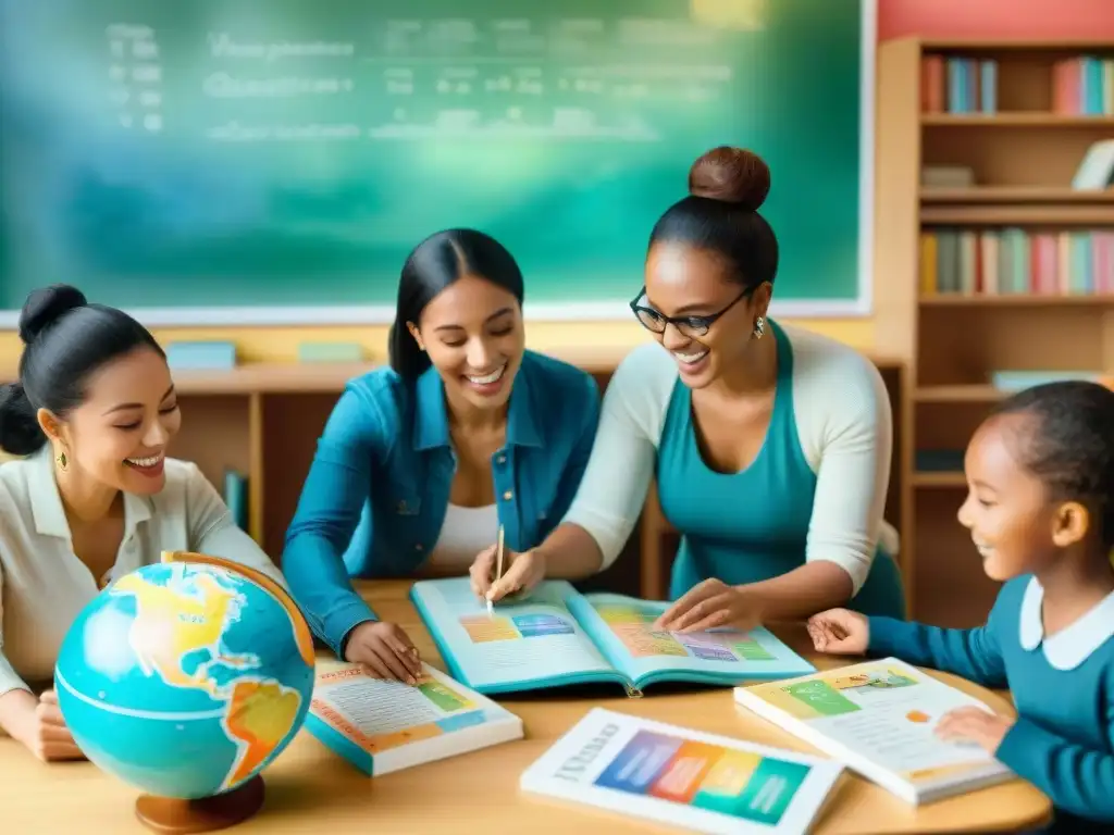 Diversos estudiantes aprenden idiomas con juegos educativos en un alegre salón de clases