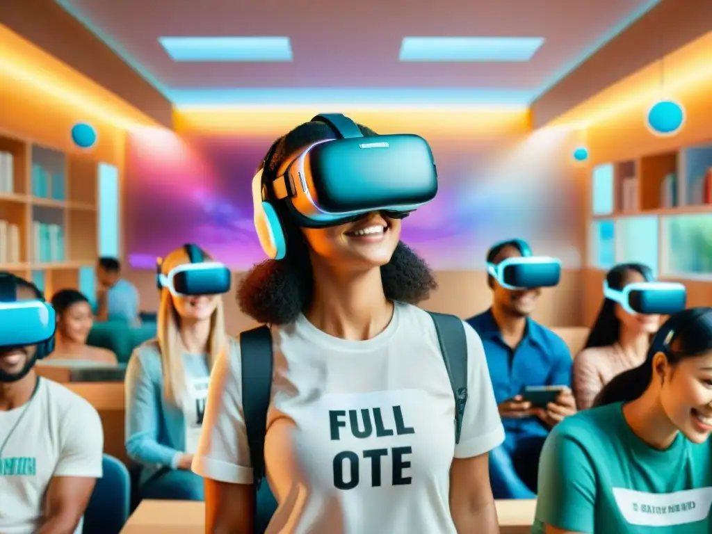 Estudiantes de idiomas motivados en aula de Realidad Virtual, rodeados de hologramas y herramientas digitales