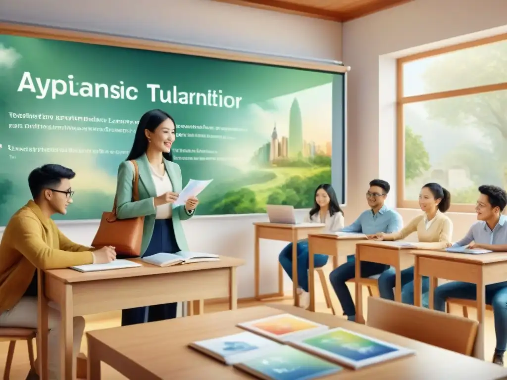 Ilustración acuarela: Estudiantes diversos aprenden idiomas con tutores de IA en ambiente educativo futurista