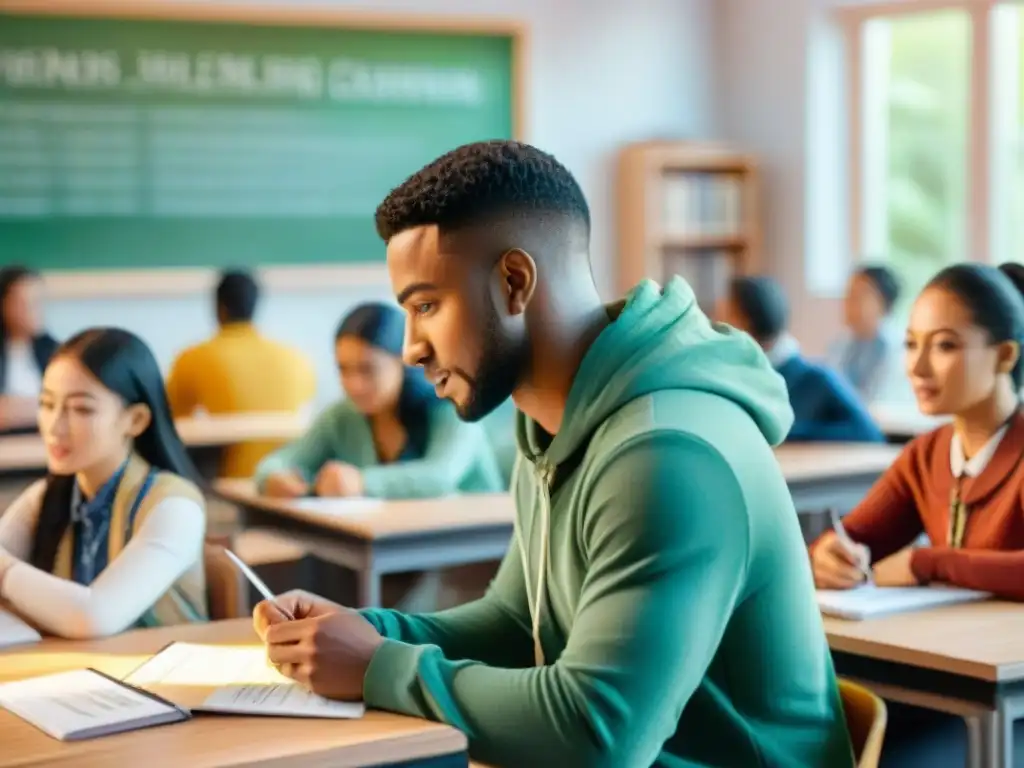 Ilustración acuarela de estudiantes diversos inmersos en un aula vibrante, con tecnología de aprendizaje adaptativo para lenguas y culturas