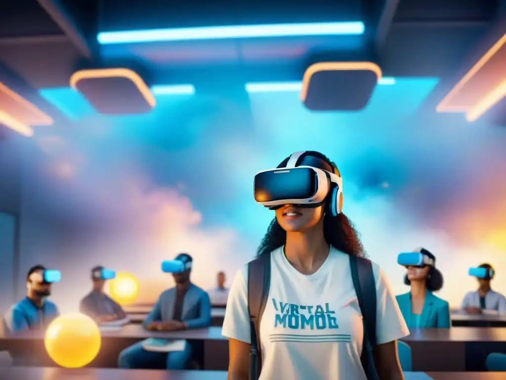 Estudiantes inmersos en la enseñanza de lenguas con realidad virtual, rodeados de lecciones interactivas en un ambiente futurista educativo