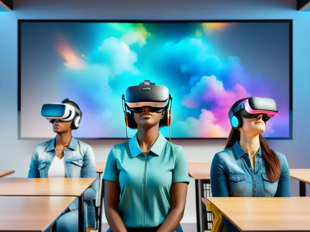 Estudiantes inmersos en realidad virtual aprendiendo idiomas, impacto tecnologías inmersivas educación idiomas