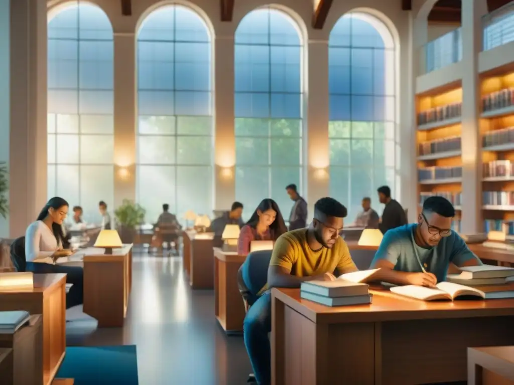 Estudiantes diversos estudian juntos en biblioteca universitaria vibrante