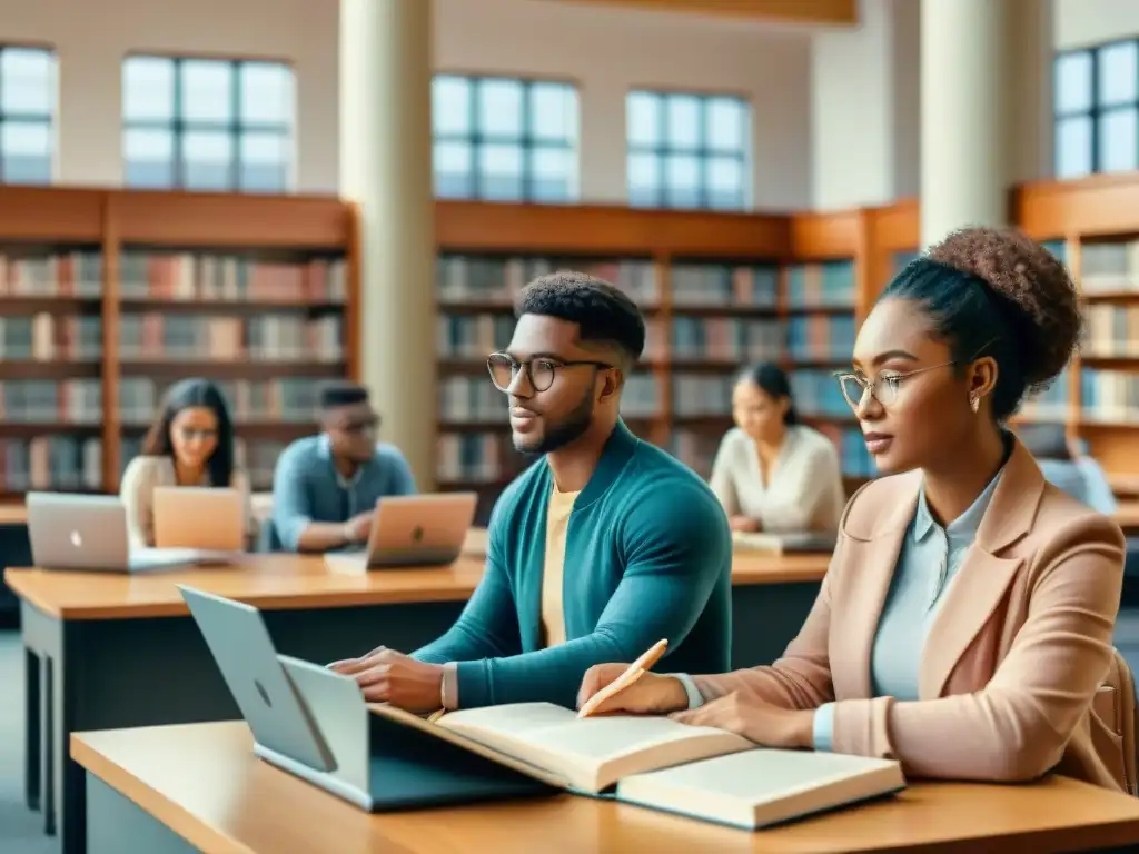 Estudiantes diversos estudian juntos en una biblioteca universitaria vibrante y bulliciosa, buscando certificaciones idiomas mundo académico