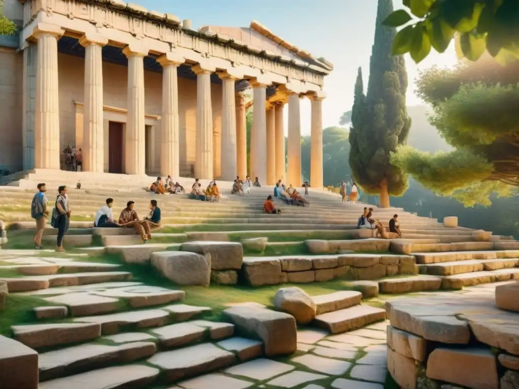 Estudiantes aprendiendo lenguas antiguas en un anfiteatro griego, con luz dorada al atardecer