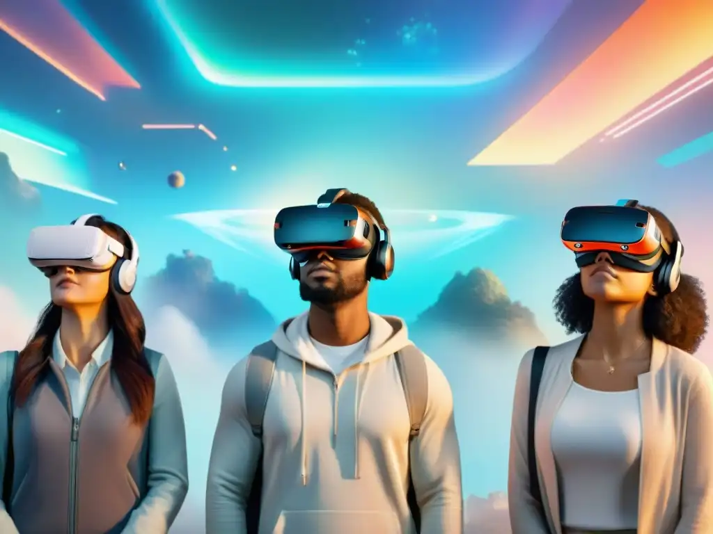 Estudiantes motivados exploran idiomas en un entorno de realidad virtual futurista