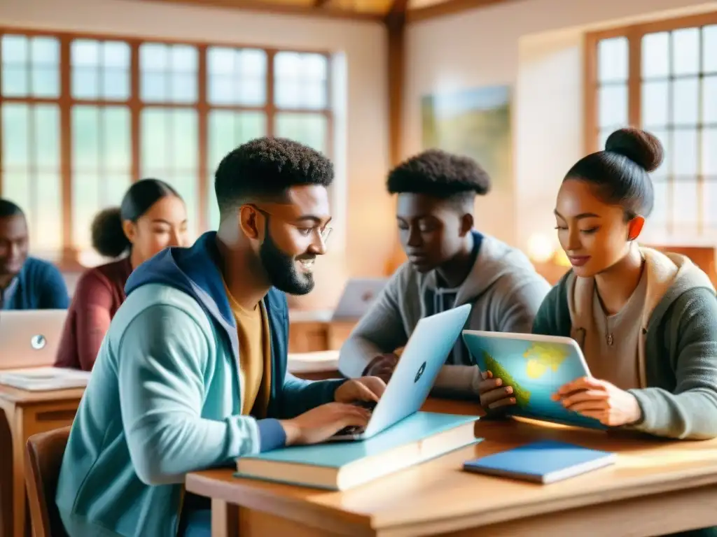 Estudiantes de diferentes orígenes usan software educativo en escuela tradicional, colaborando y entusiasmados