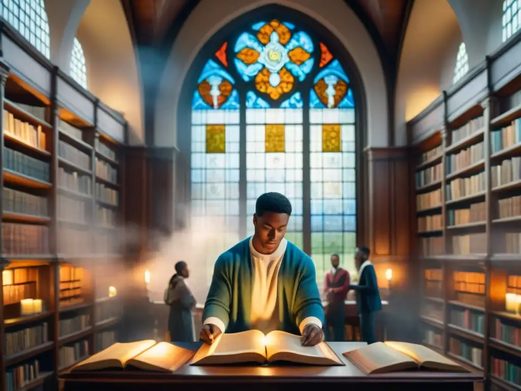 Estudiantes interactuando con textos antiguos en biblioteca iluminada