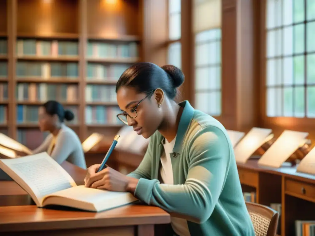 Estudiantes diversos exploran textos antiguos en biblioteca soleada, reflejando aprendizaje interactivo