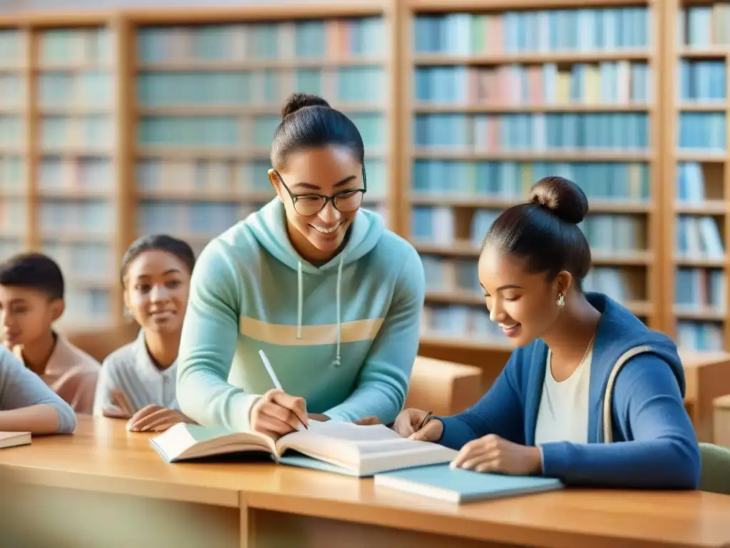 Estudio colaborativo en biblioteca: estudiantes diversos comparten tips para evitar errores comunes en exámenes de lenguas