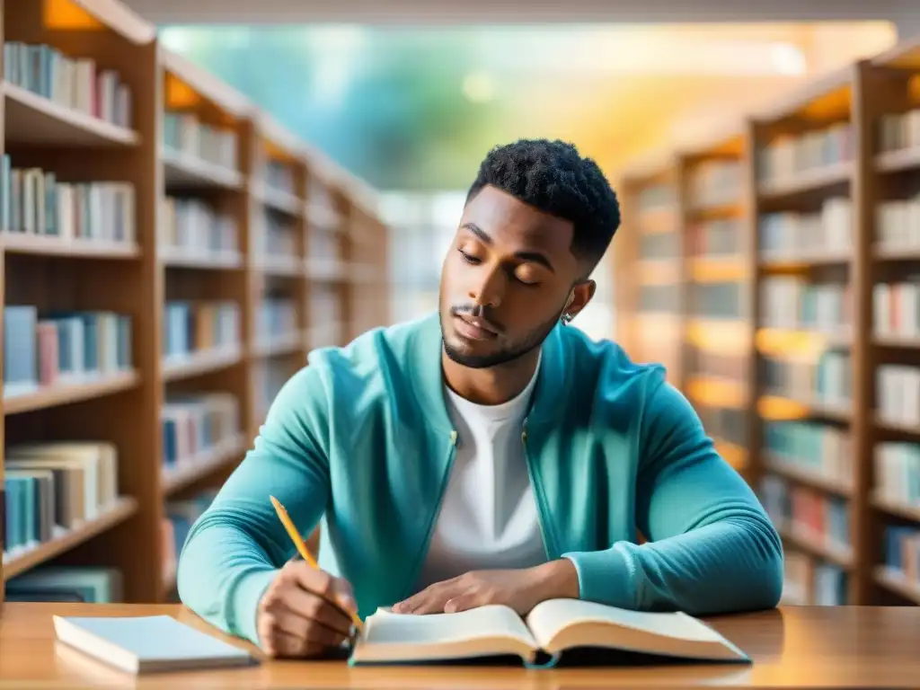 Determinación en el estudio: estudiante concentrado entre libros y notas en una biblioteca tranquila