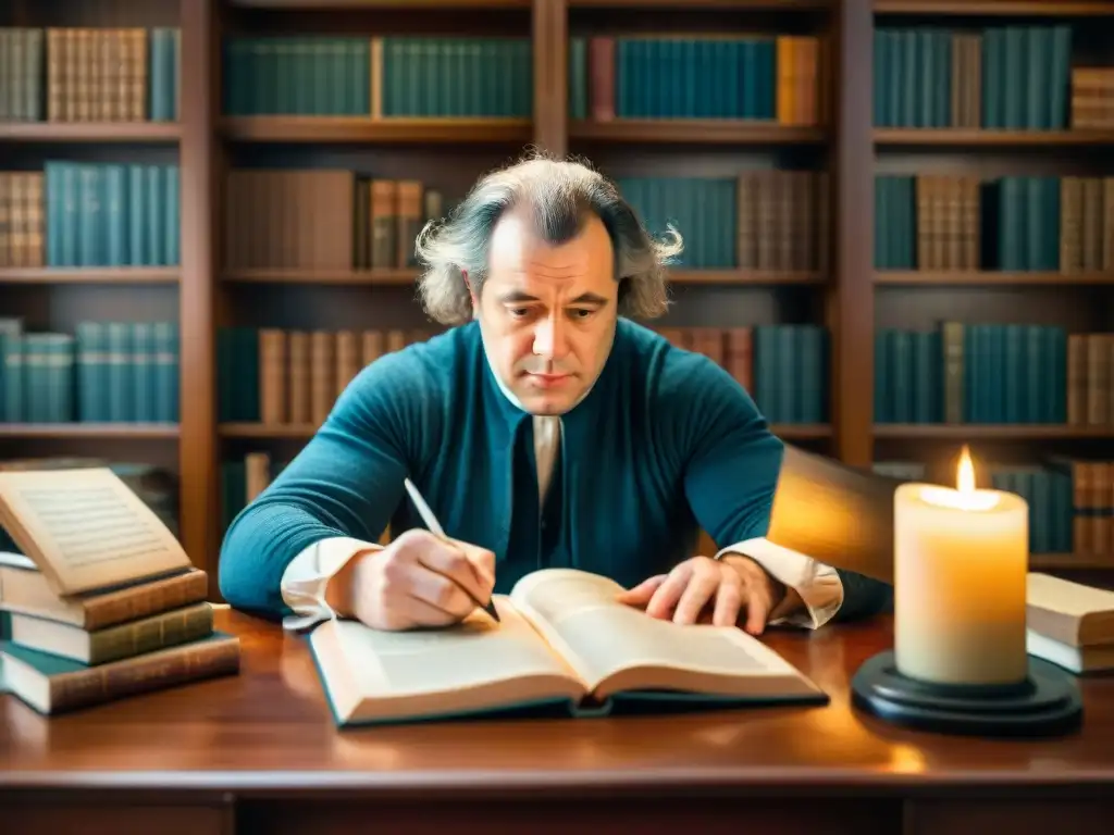 Samuel Johnson escribiendo en su estudio rodeado de libros y papeles, reflejando su labor en el diccionario inglés estándar