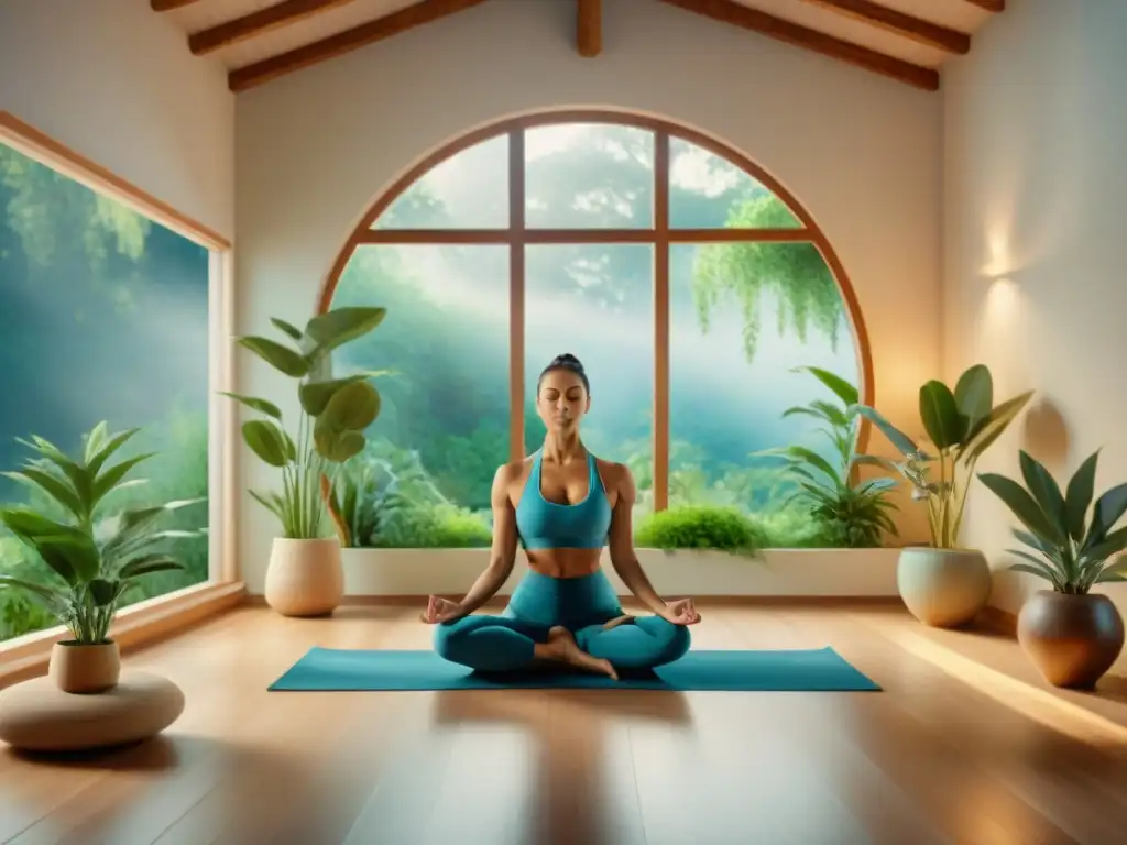 Un estudio de yoga sereno con yoguis en poses, plantas verdes y luz natural