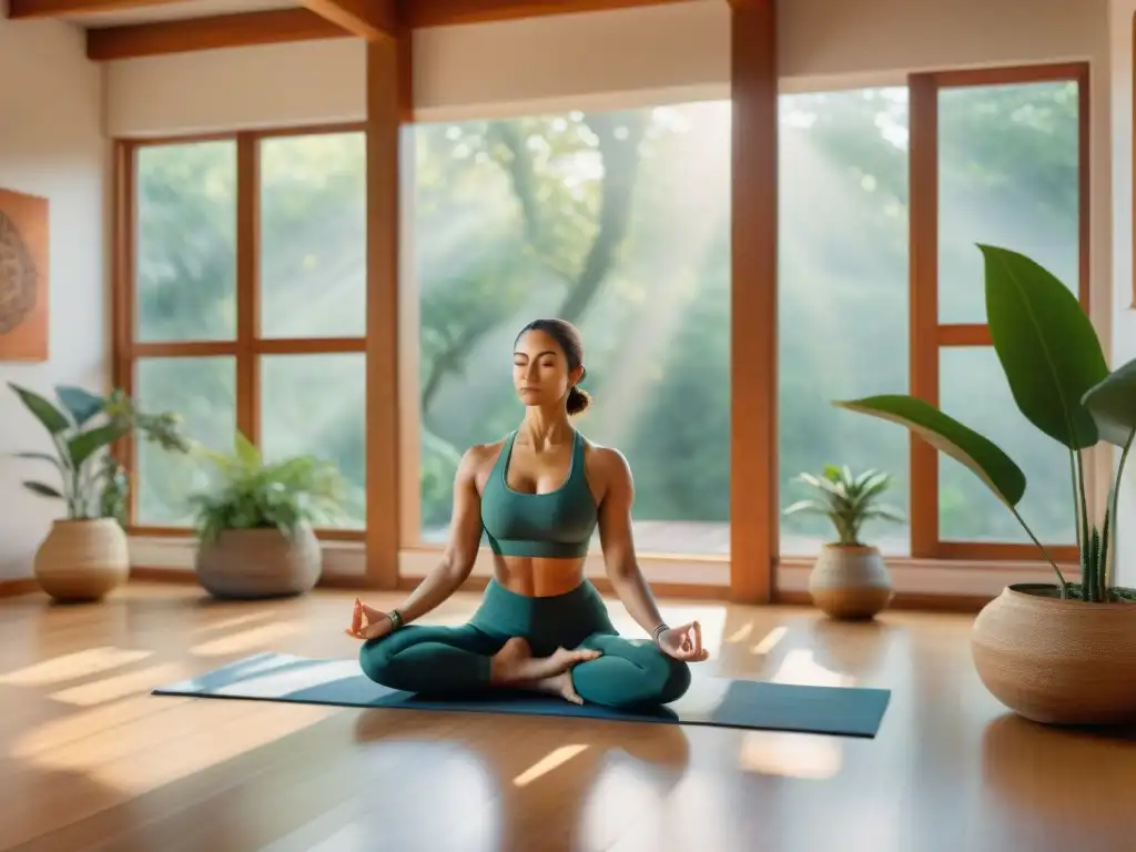 Un estudio de yoga sereno con yoguis practicando diversas posturas, rodeados de naturaleza y caligrafía sánscrita