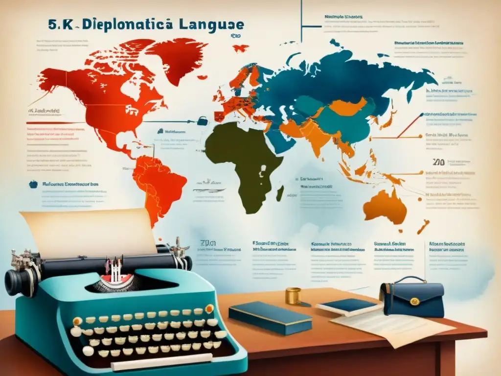 Evocadora ilustración acuarela de la evolución del inglés en diplomacia: desde plumas y pergaminos hasta laptops y smartphones