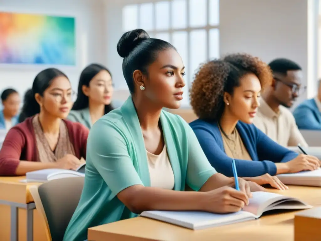 Un examen de certificación lingüística: diversidad y determinación en un aula luminosa y moderna