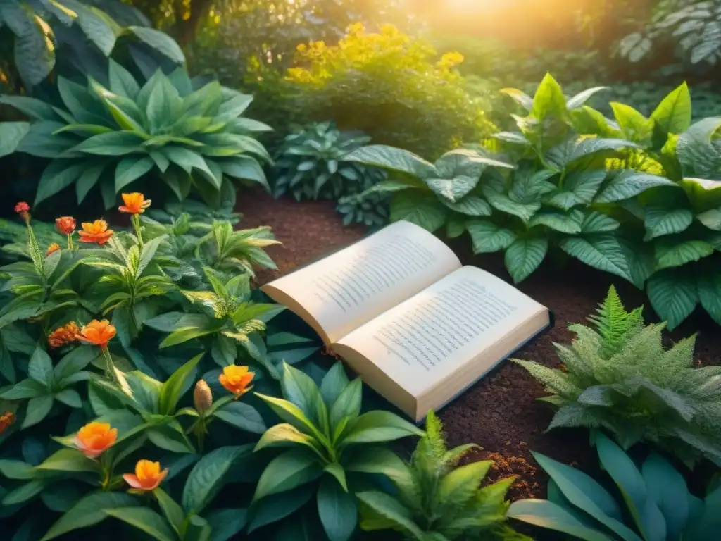 Jardín exótico con manuscritos sánscritos entre flores vibrantes, iluminado por el sol