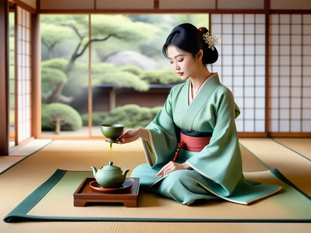 Experiencia de la ceremonia del té japonés en una serena habitación de tatami