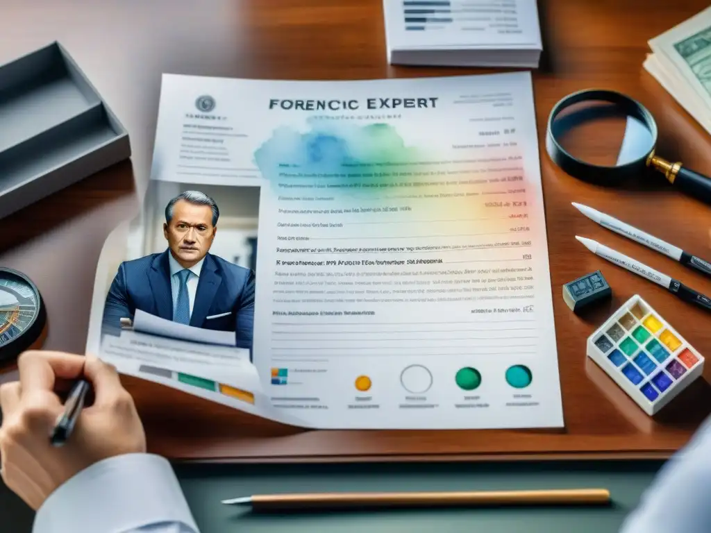 Experto forense examina documento fraudulento detalladamente Un experto forense examina detalladamente un documento fraudulento con una lupa
