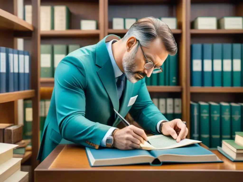 Experto forense analizando documento sospechoso en acuarela detallada Experto forense examina documento sospechoso en detallada acuarela, con estantes llenos de libros y herramientas científicas