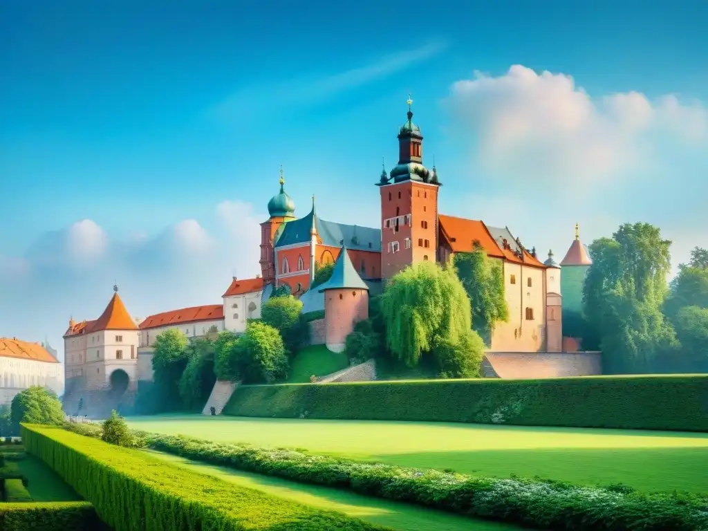 Exploración de la cultura e historia polaca en el icónico Castillo de Wawel en Cracovia, con detalles arquitectónicos y jardines verdes