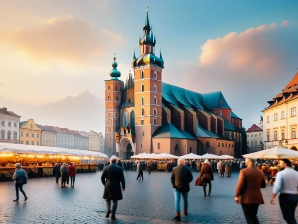 Exploración de la cultura e historia polaca en la bulliciosa Plaza Principal de Cracovia, con la Basílica de Santa María al fondo