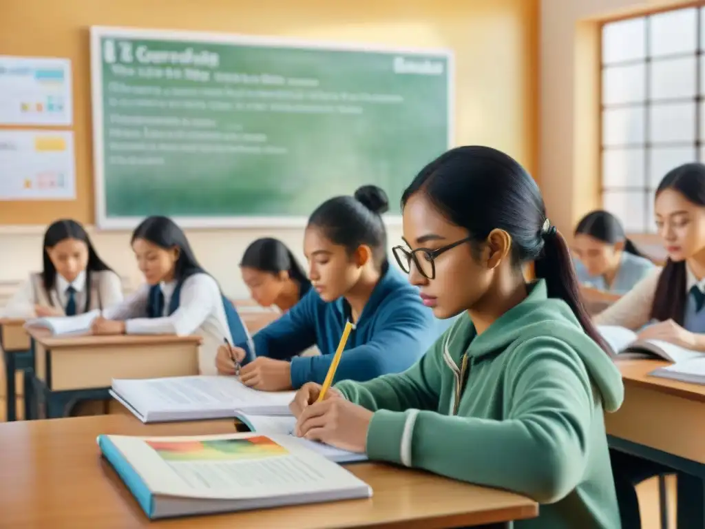 Un exquisito acuarela muestra estudiantes diversos concentrados en un examen de idiomas en un aula moderna