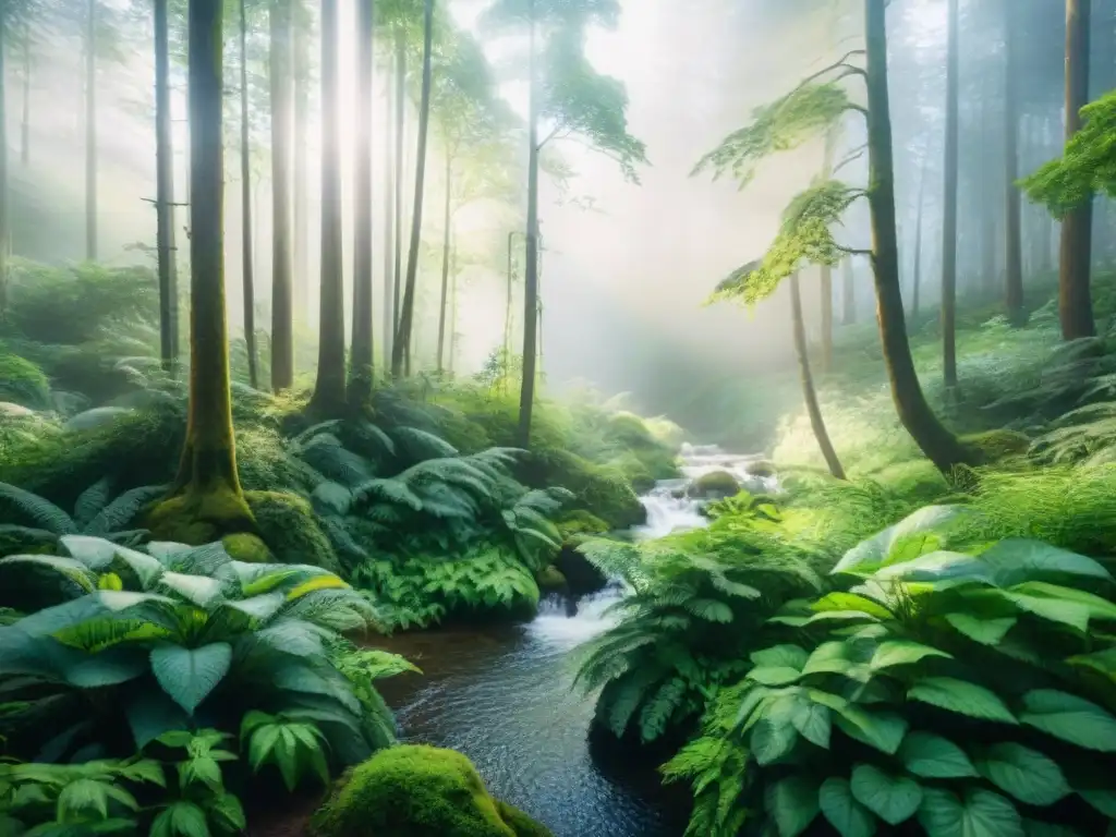 Escena de bosque exuberante en acuarela Una exuberante ilustración detallada en acuarela de un escenario de bosque verde con árboles altos, un arroyo y animales silvestres