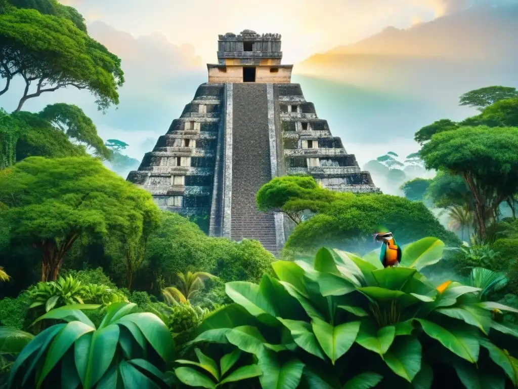 Una exuberante pintura acuarela detallada de una escena selvática con aves coloridas y un templo maya oculto entre la vegetación