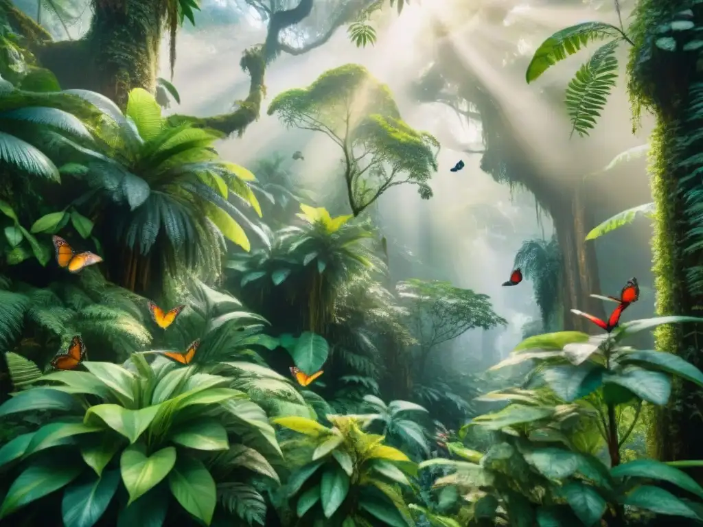 Una exuberante selva tropical llena de vida, con mariposas y monos juguetones