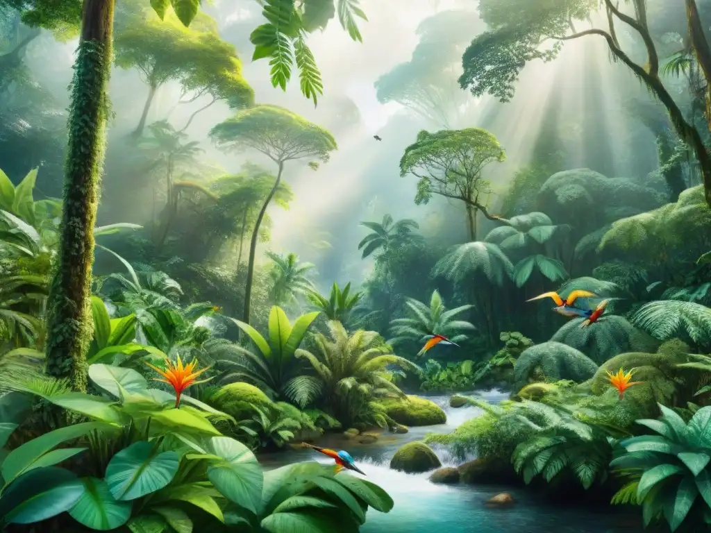 Un exuberante y vibrante bosque tropical ilustrado en acuarela, revelando la rica biodiversidad