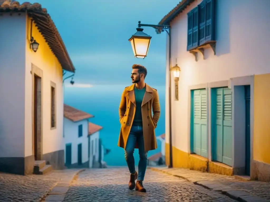 Un fadista solitario bajo farola en callejón portugués al atardecer