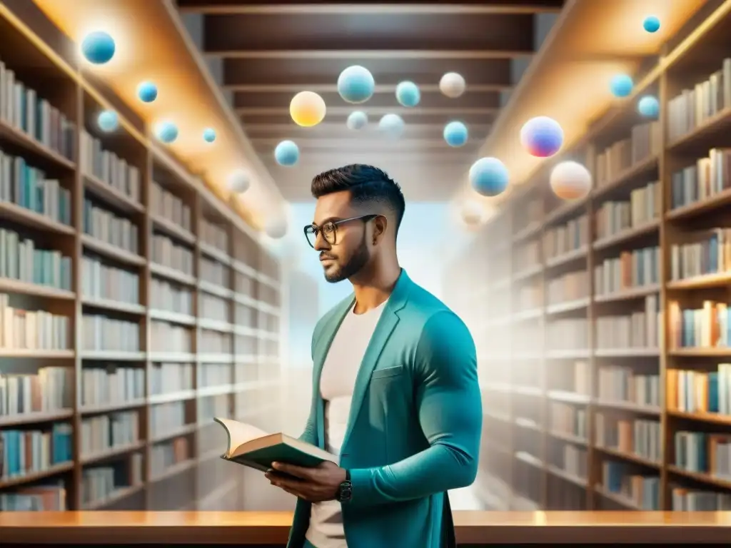 Fascinante biblioteca futurista con libros flotantes e inteligencia artificial, una fusión de conocimiento y tecnología AI