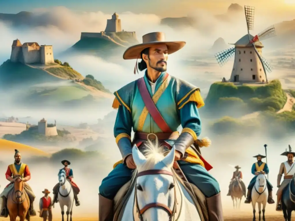 Fascinante ilustración acuarela de personajes de 'Don Quijote' y 'Sancho Panza' de diversas culturas, con atuendos tradicionales y paisajes icónicos