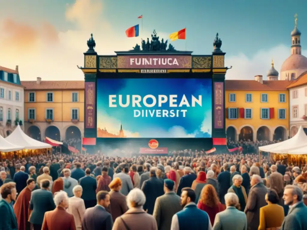 Un festival de cine europeo vibrante con diversidad lingüística, gente de distintas culturas y banderas ondeando en el viento