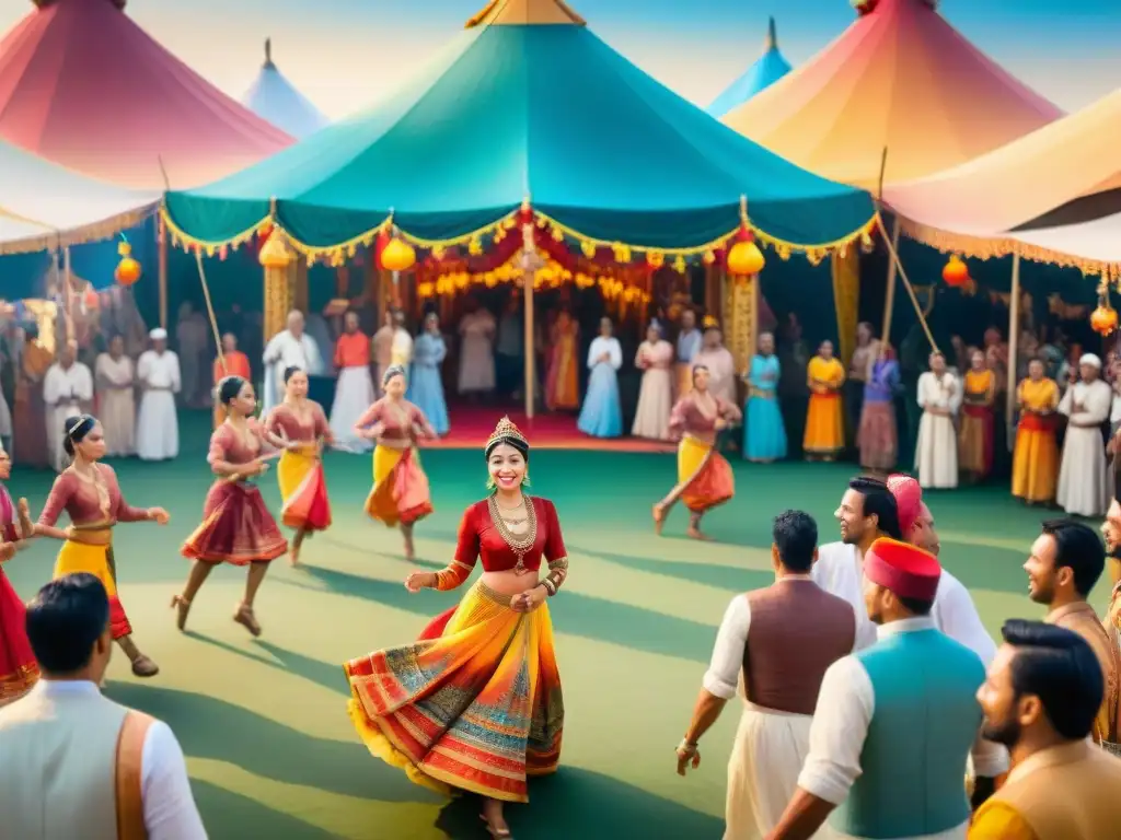 Festivales culturales coloridos vibrantes: escena festival con bailarines, puestos de comida y artesanías, cielo alegre