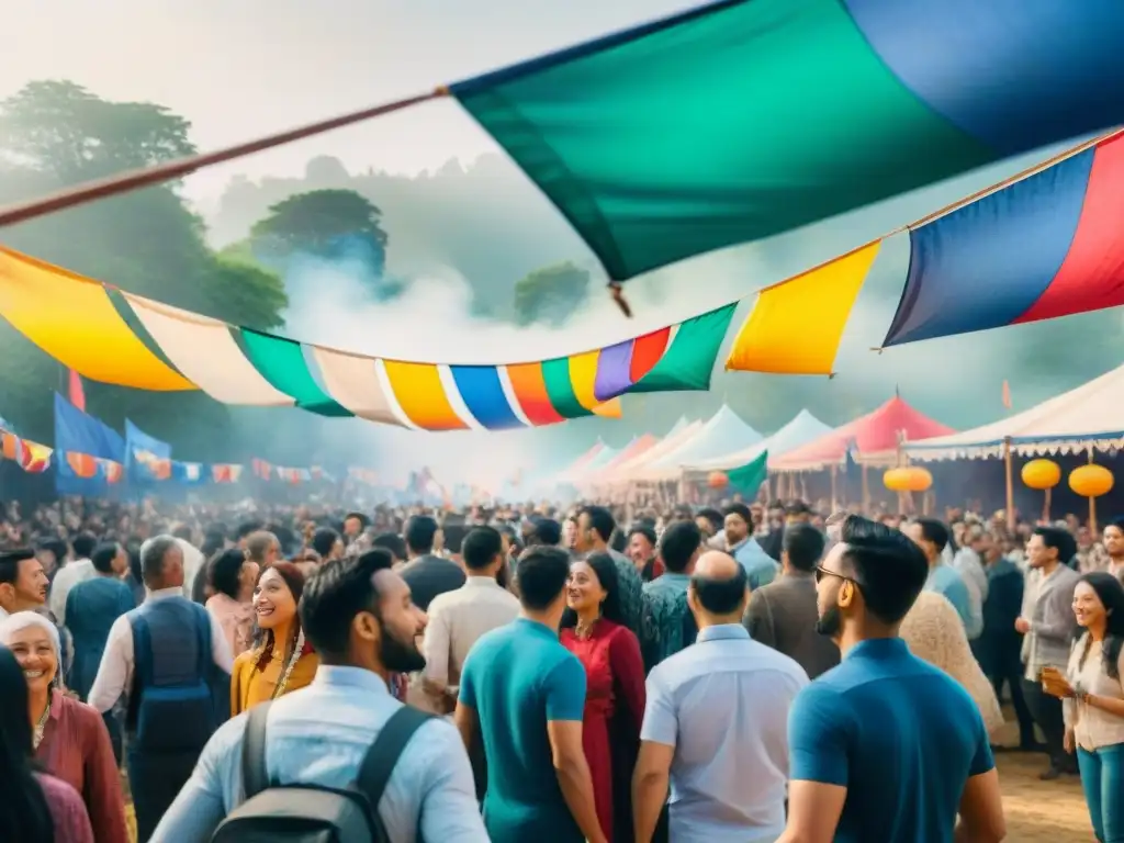 Festivales lingüísticos: escena vibrante de diversidad cultural, celebrando la riqueza de idiomas en un festival lleno de color y alegría