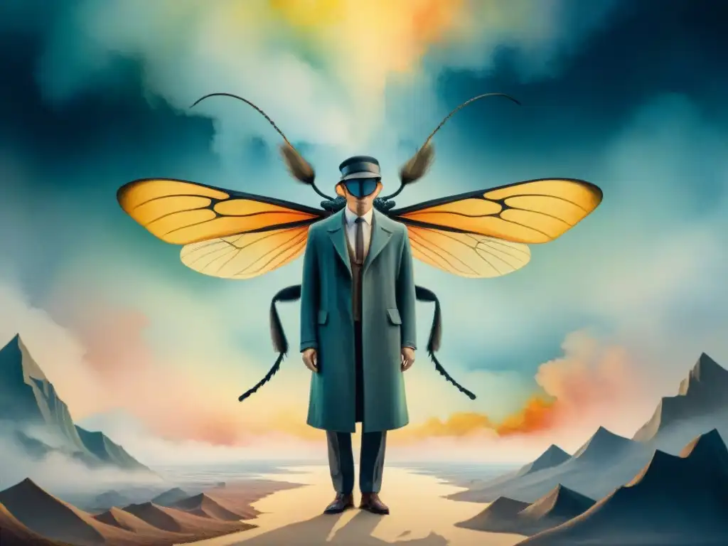 Ilustración acuarela de una figura humana transformándose en insecto gigante, inspirada en Kafka