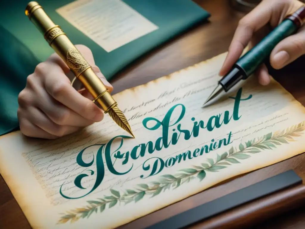 Detalle elegante: firma con pluma en acuarela Un firmante experto desenmascara falsificaciones lingüísticas en un documento con pluma y lupas, en una misteriosa obra acuarela