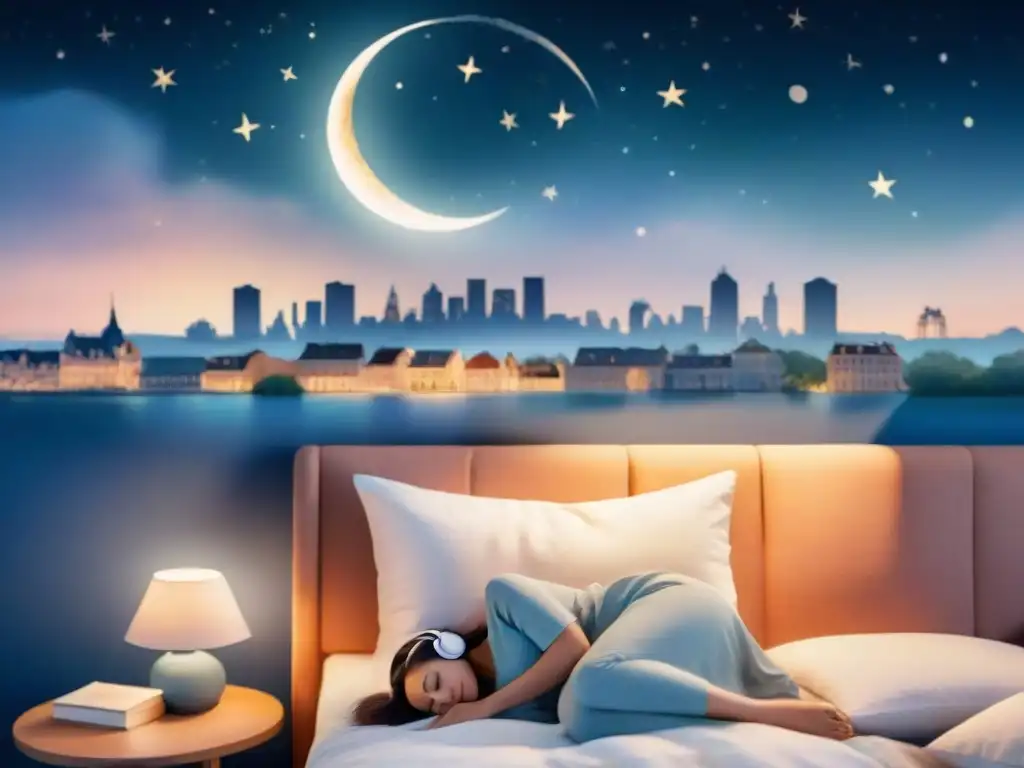 Aprender francés mientras duermes: Ilustración nocturna serena con luna creciente sobre ciudad dormida y dormitorio acogedor