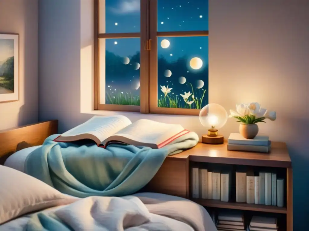 Aprender francés mientras duermes: ilustración serena de una habitación nocturna, con libros y sueños en francés