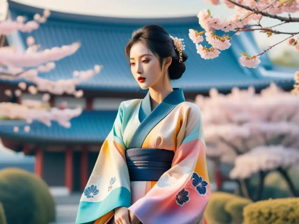 Fusión de moda japonesa y coreana: kimono y hanbok en acuarela Una fusión armoniosa de moda japonesa y coreana, con patrones de kimono y hanbok, entre árboles de cerezo y arquitectura tradicional