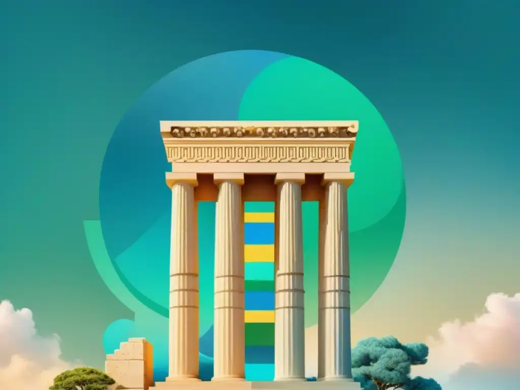 Una fusión sublime entre elementos griegos y símbolos de programación, ilustrando la relación entre lenguas muertas y programación