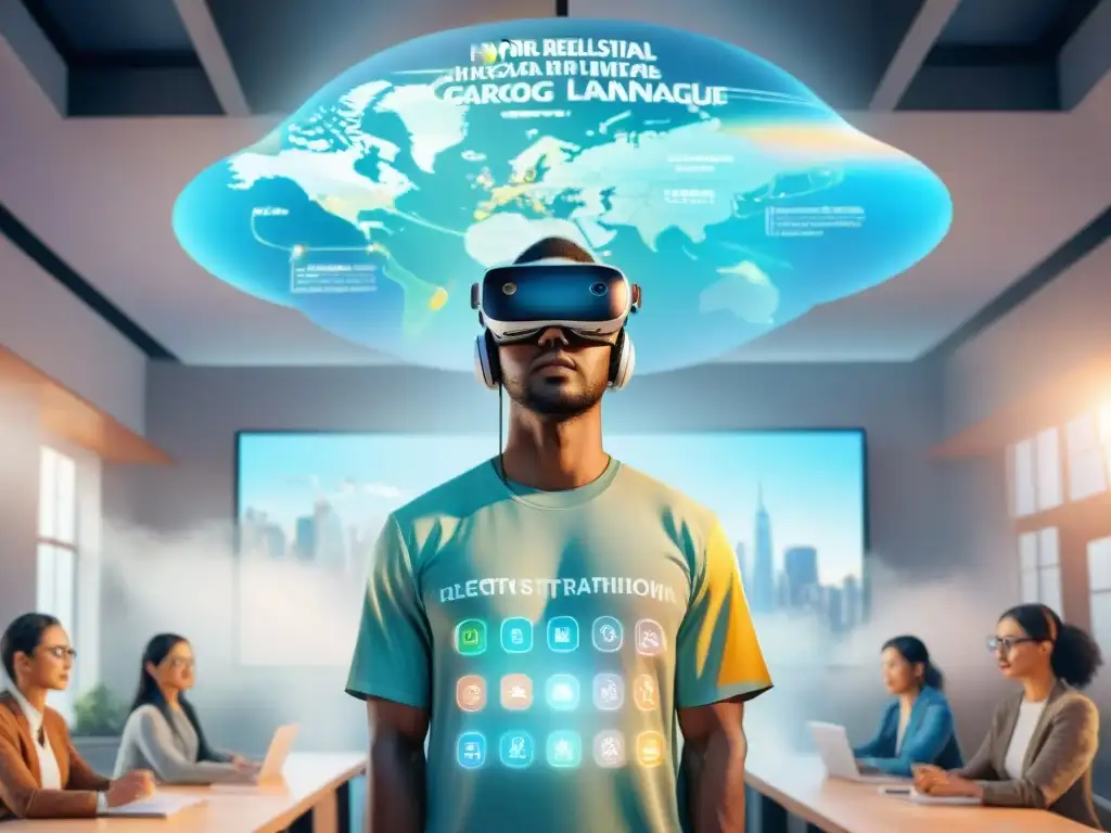 Clase futurista: aprendizaje de idiomas con inteligencia artificial Futurista aula de idiomas con tecnología avanzada, reflejando las tendencias de aprendizaje de lenguas